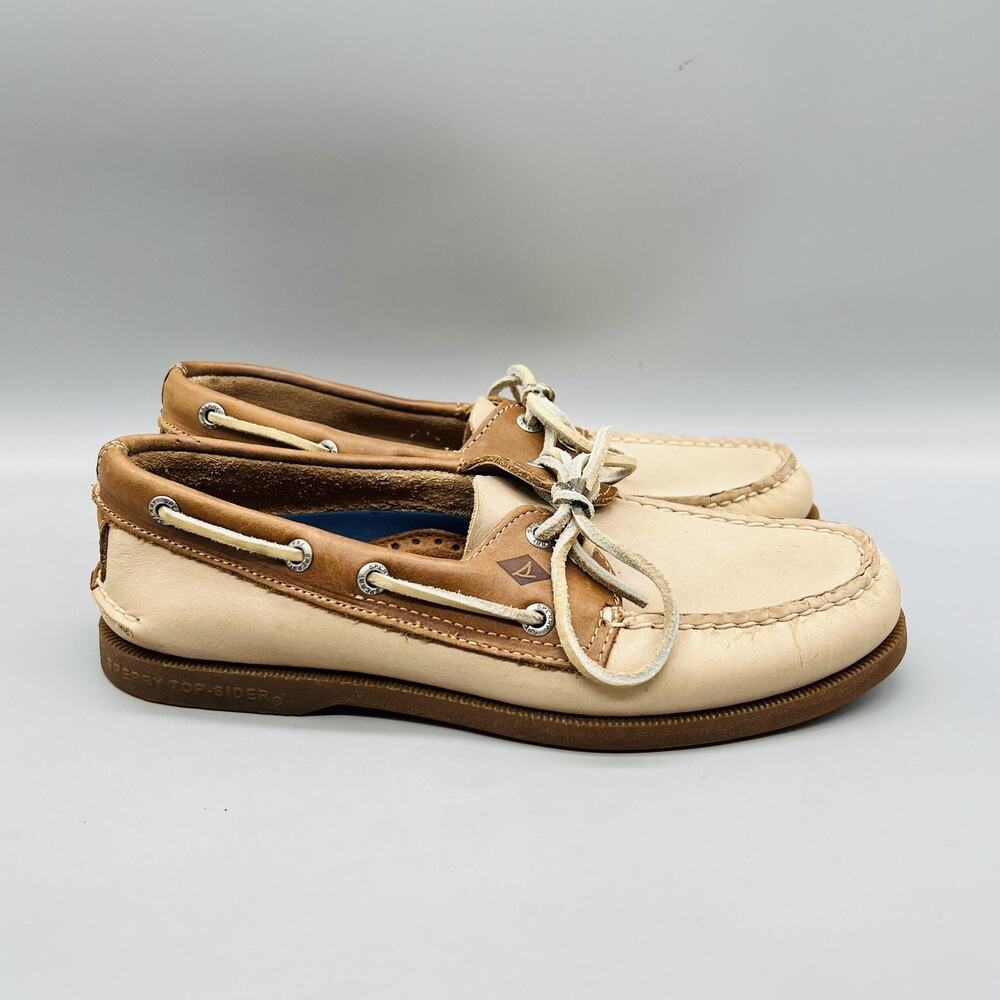 Sperry Shoes Mens 7 Beige Brown Leather Top Sider Boat Moc Toe Casual Comfort